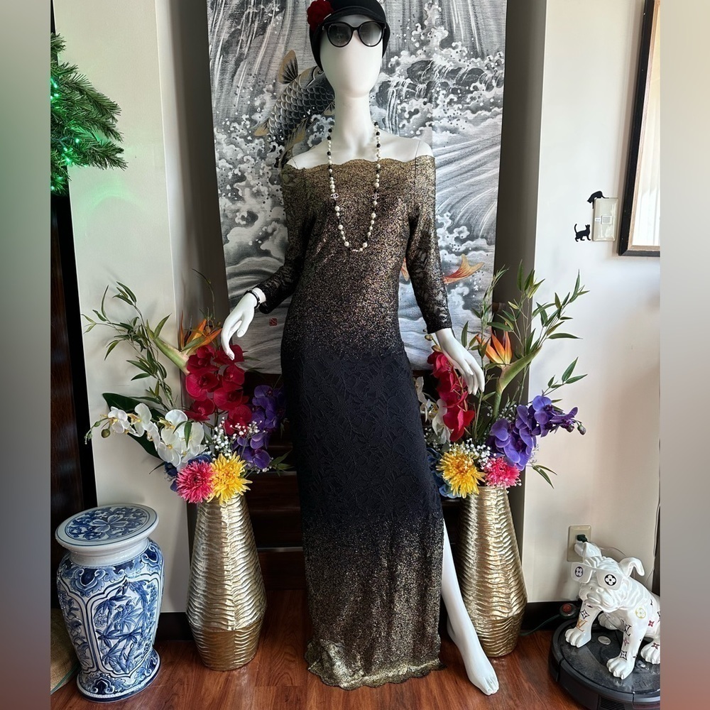 Marina BLACK & GOLD LACE OFF THE SHOULDER OMBRÉ BODY CON FLOOR LENGTH GOWN  6